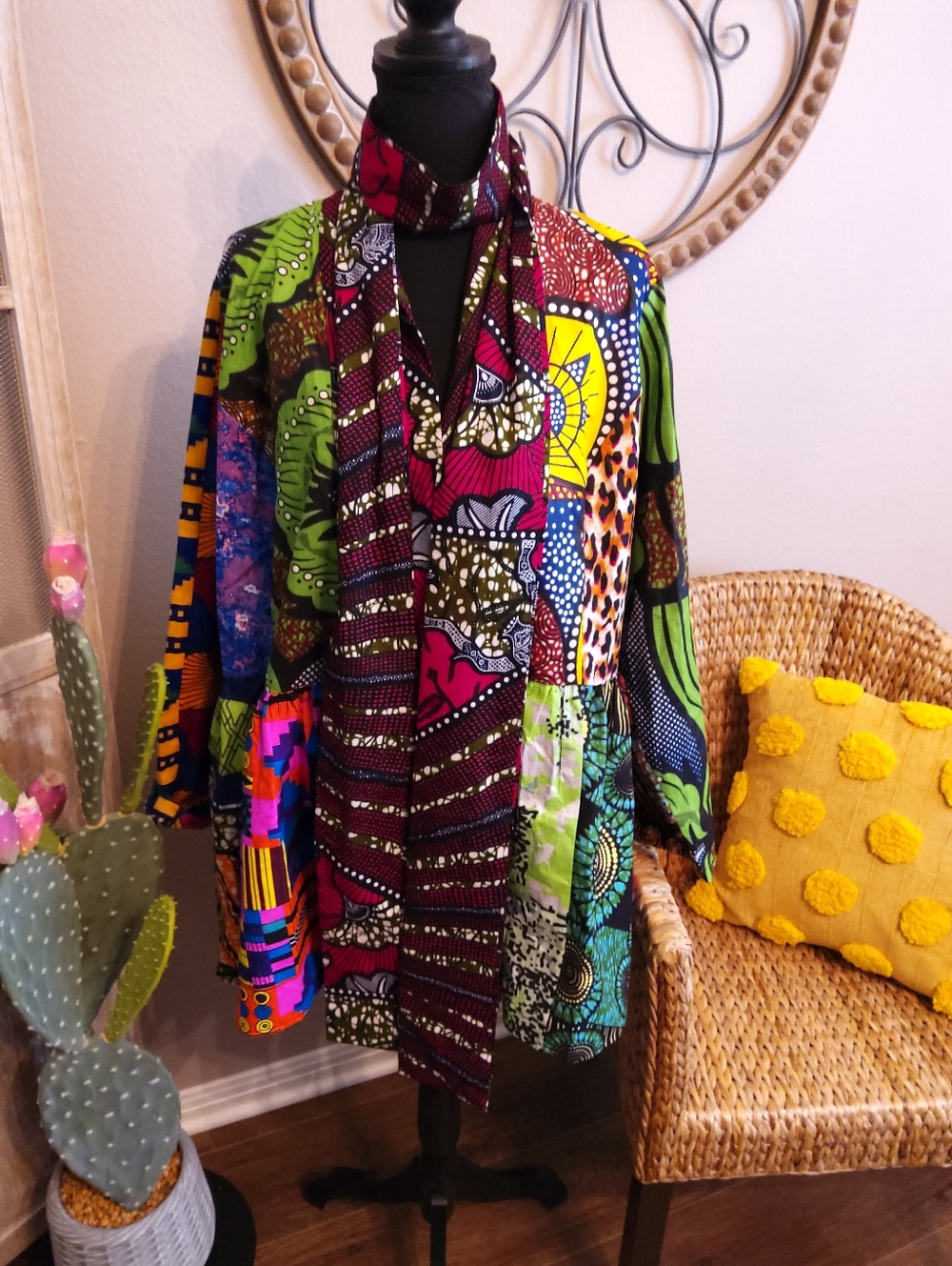 Shenbolen Bold Multicolor Patchwork Jacket with Scarf